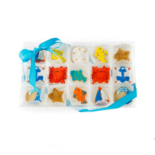 Nautical Celebration Mini Iced Sugar Cookies -Clear Gift Box of 15 pc
