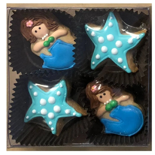 Mermaid Deco Mini Iced Sugar Cookies -Clear Gift Box of 4