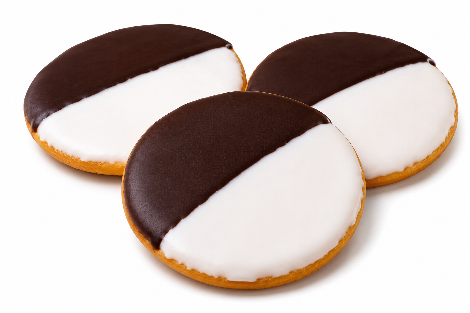 Hand-iced black and white sugar cookies made with vanilla icing and Ghirardelli cocoa icing.