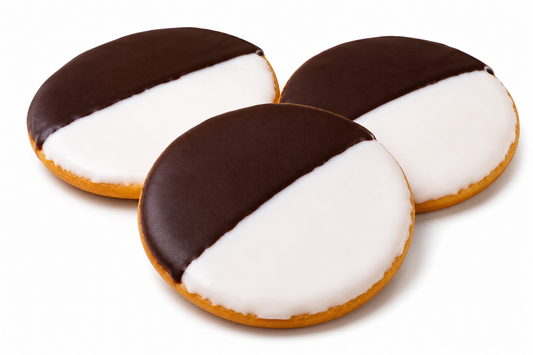 Hand-iced black and white sugar cookies made with vanilla icing and Ghirardelli cocoa icing.