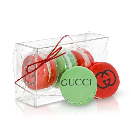 Printed Macaron Clear Acetate Gift Box of 3- with Branded Custom Sleeve Option