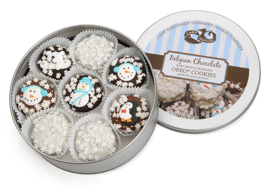 Winter Hand Dipped & Decorated Sandwich Cookie- Tin of 16