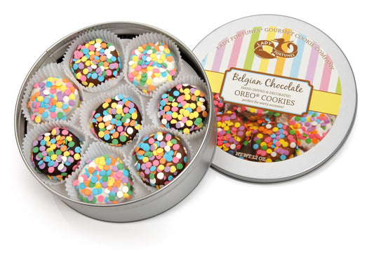 Confetti Hand Dipped & Decorated Sandwich Cookie- Tin of 16