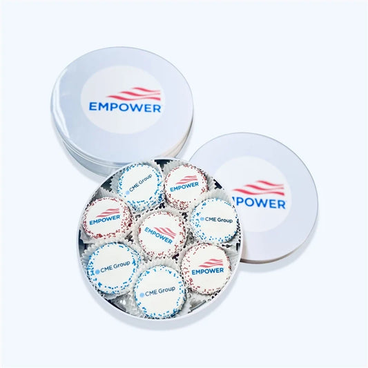 EMPOWER- White Tin of 16 Sandwich Cookies  [1/2 EMPOWER LOGO + 1/2 OTHER LOGO]